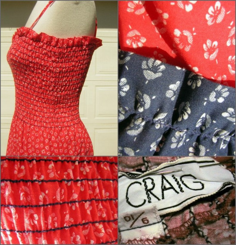 Stretchy US Size 9 10 Vintage 70s Smocked Red /& Navy Blue Maxi Dress Sundress