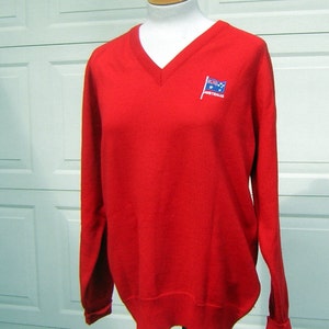 RED Vintage Sweater Jumper 70s V Neck Red Wool  - Australia Flag 45&quot; Chest - Preppy Perfection