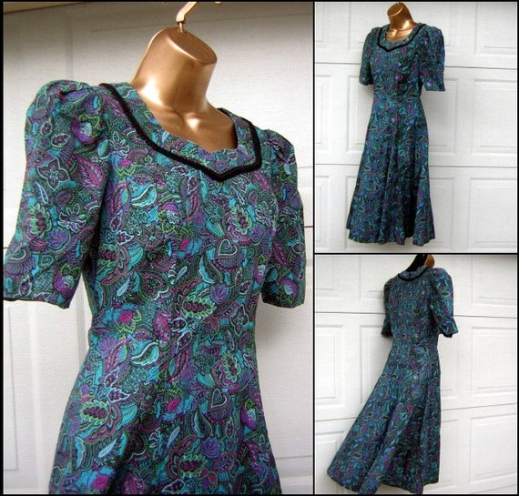 Paisley Dress Purple & Turquoise Cotton Vintage 6… - image 2
