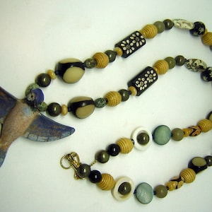 Long Bird Necklace Hand Made - Beaded with Hand Painted VINTAGE Pottery Blue Bird