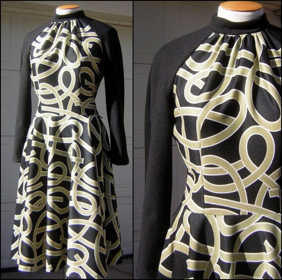 Graphic Print Dress Vintage 70s Black & Tan MOD L… - image 2