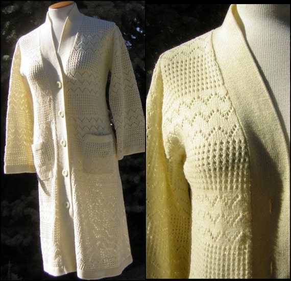 Vintage 70s Sweater Coat Dress Ivory Knit Long Car