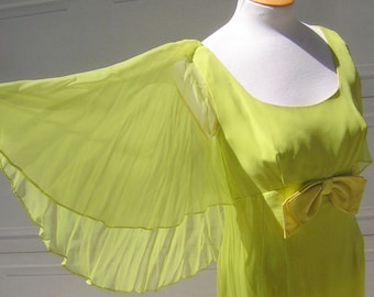 Vintage 60s Sheer Angel Wing Sleeve Party Dress with Empire Waist in Wild Chartreuse Acid Lime Green - Small but Mighty