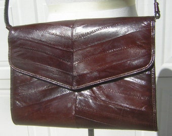 Vintage EEL SKIN Purse Shoulder Bag / Convertible Clutch Dark Brown - Hu Gari's Hawaii 70s / 80s