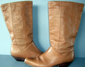 Vintage 80s Leather Boots: Brass Studded Stack Heel, US Women's 5.5