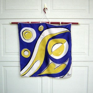 Vintage VERA Silk Scarf - Yellow Blue Black White MOD Fun Print - Large Square VERA Logo