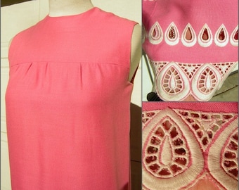 Vintage 60s  Hot Pink Embroidered Lace Sun Dress SunDress Shift - Bust 37&quot;