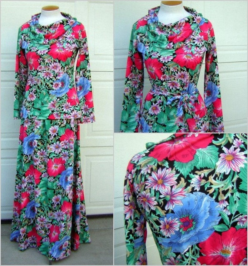 Vintage 70s RED POPPY Print Versatile Knit Dress Set Strapless Sundress Tunic Top Maxi Skirt S to M image 1