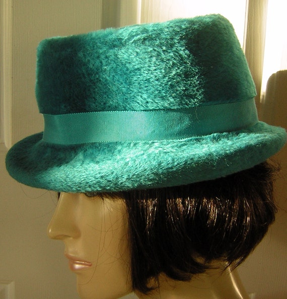 Vintage Fedora Hat Faux Fur Turquoise Blue - Marc… - image 4