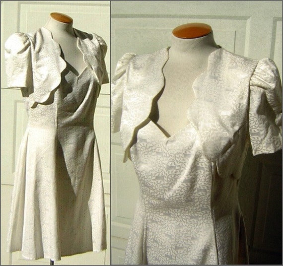 80s do 40s Vintage Dress Short White Brocade with… - image 1