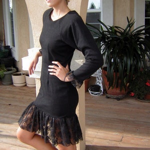 Little Black Dress Vintage Cocktail Party Curvy Classic - Fitted Stretch with Lace Ruffle Wiggle - Small