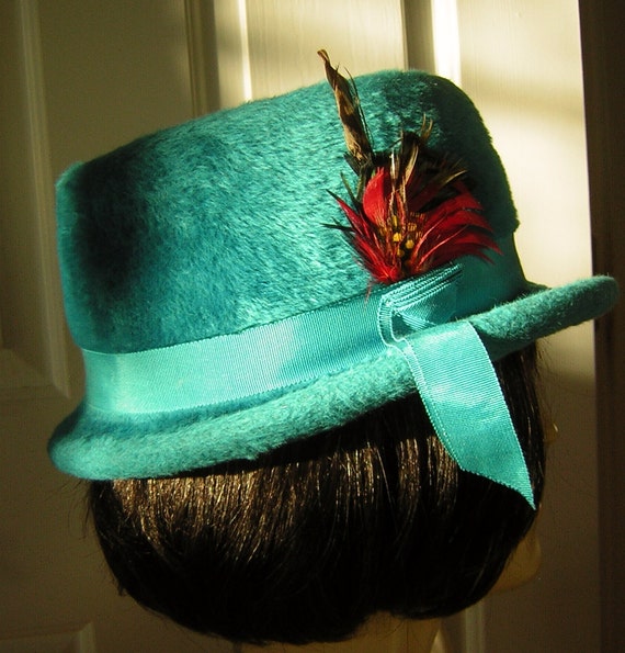 Vintage Fedora Hat Faux Fur Turquoise Blue - Marc… - image 3