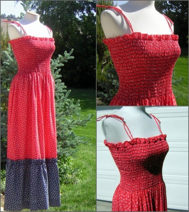 Stretchy US Size 9 10 Vintage 70s Smocked Red /& Navy Blue Maxi Dress Sundress