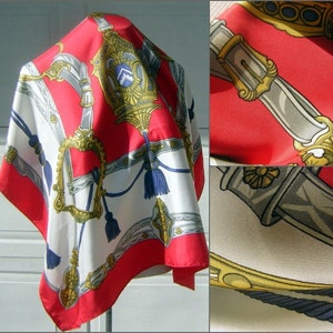 Vintage Scarf Classic Designer Style with Stirrups Buckles & Tassels Pattern Red Blue Gold Gray Big 32&quot; Square