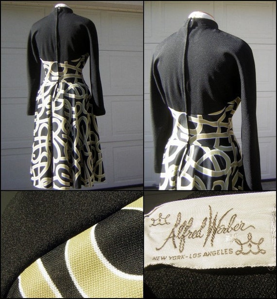 Graphic Print Dress Vintage 70s Black & Tan MOD L… - image 4