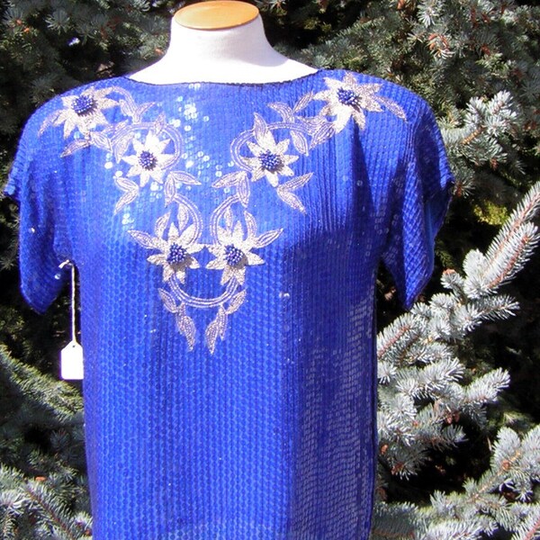Vintage 70s Blue Sequin & Beaded Fancy Party Top - Heavy Embellished Pearls Metal Embroidery M to L CLEARANCE