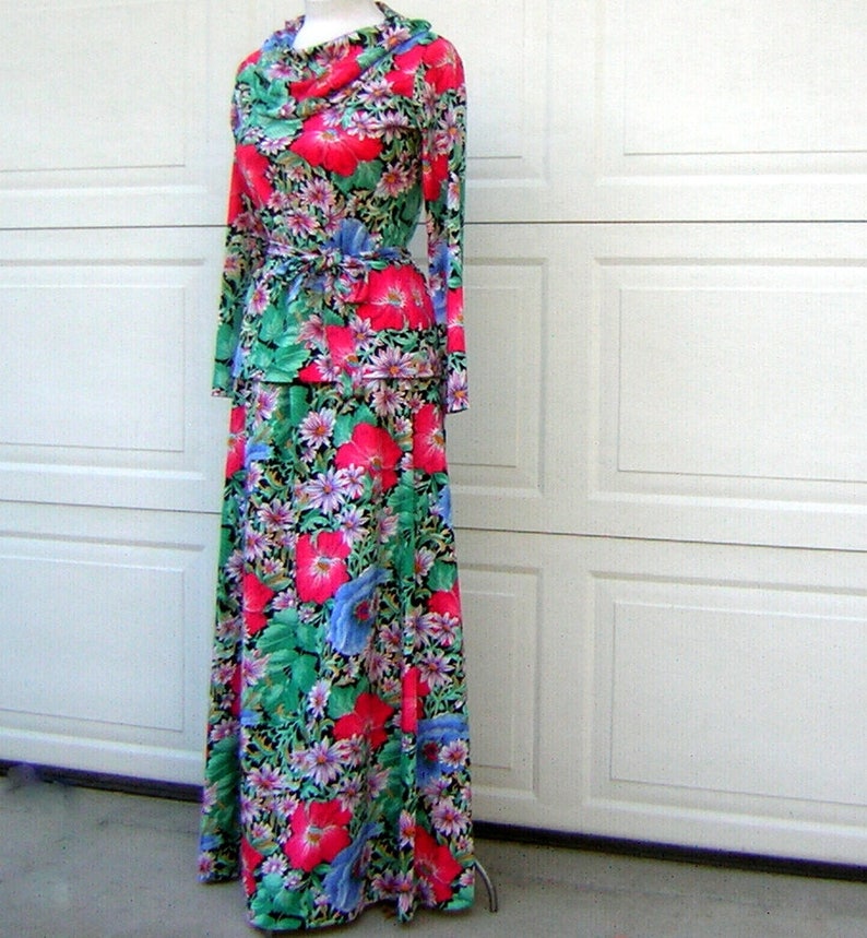 Vintage 70s RED POPPY Print Versatile Knit Dress Set Strapless Sundress Tunic Top Maxi Skirt S to M image 7