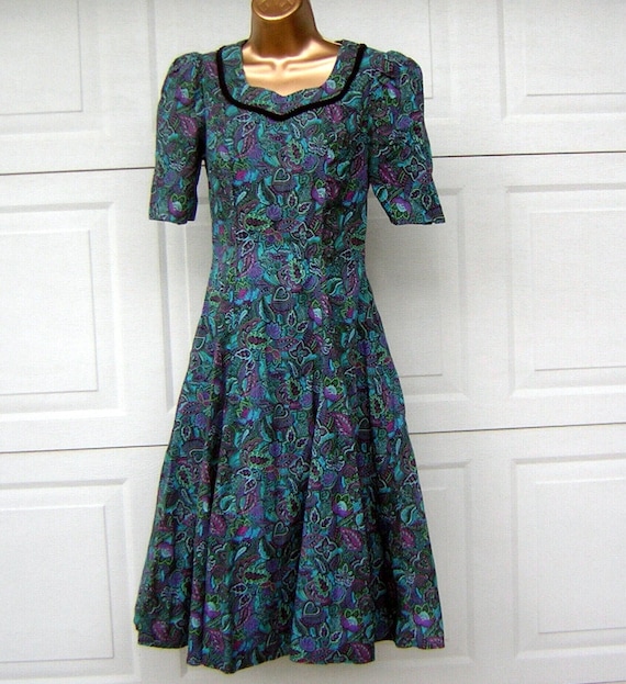 Paisley Dress Purple & Turquoise Cotton Vintage 6… - image 1