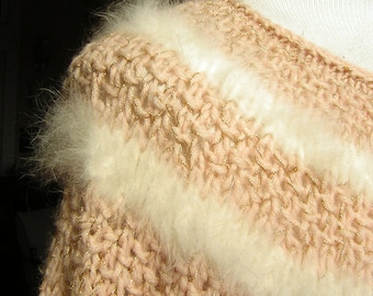 Vintage Hand Knit Pink Cardigan: Maribou Angora Trim, Bust 44"
