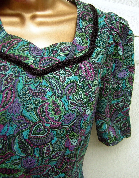 Paisley Dress Purple & Turquoise Cotton Vintage 6… - image 3