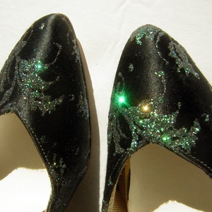 Vintage Black Satin Glitter Heels - Sexy 70s Spike Heel Pumps with Fancy Blue Green Sparkles - Size 6 B - MARIONAT