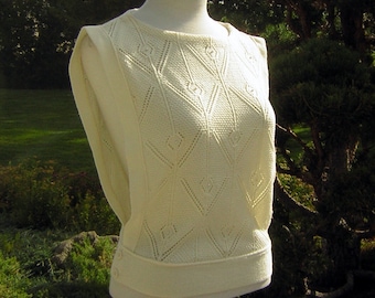 Vintage Sweater Vest 80s Ivory Tabard Pearl Studded Pointelle Knit - Jantzen Medium New Old Stock - MINT