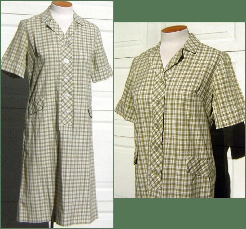 Green Plaid Day Dress Shirt Dress Shift Graff Vintage 60s Crisp & Easy Fit Bust 41 image 1