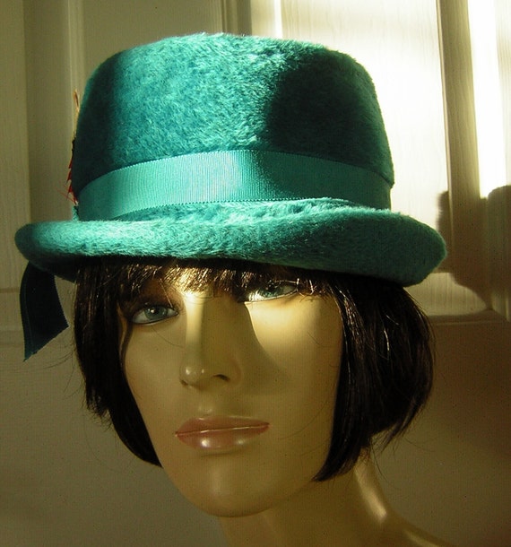 Vintage Fedora Hat Faux Fur Turquoise Blue - Marc… - image 2