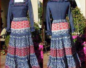 Vintage 70er Jahre Miss Elliette Maxi Kleid: Rot Weiß Blau Rüschen Stufenrock, XS