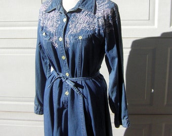 Vintage Denim Dress Fancy Embroidery Yoke - Boho Western Prairie Length Cute with Boots Size M L - 16