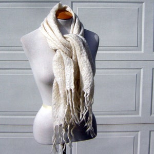 Vintage 50s Cream White Wool & Mohair Scarf with Silky Silver Woven Tinsel Accents - Long Fringe - Very Warm