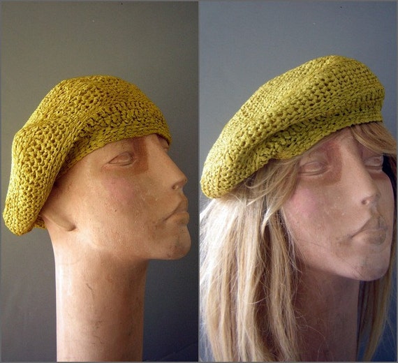 UNISEX Beret Hat Crocheted Apple Green Chartreuse