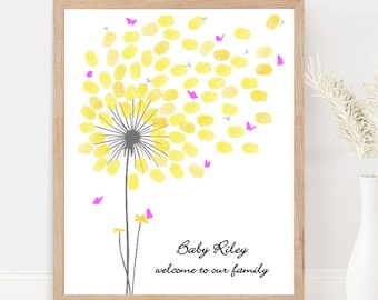 Fingerprint Baby Shower Guest Book Alternative Printable Thumbprint Dandelion Butterfly Girl Babyshower Guestbook Print, First Birthday Gift