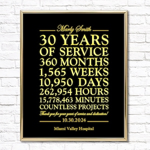 May include: A black and gold framed certificate with the text "Marly Smith - 30 YEARS OF SERVICE 360 MONTHS 1,565 WEEKS 10,950 DAYS 262,954 HOURS 15,778,463 MINUTES COUNTLESS PROJECTS Thank you for your years of service and dedication! 10.30.2024 Miami Valley Hospital"