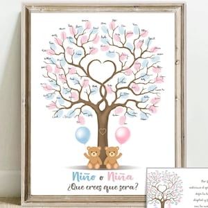 Puede incluir: Un libro de visitas para una fiesta de revelación de género con un diseño de árbol. El árbol tiene hojas rosas y azules y dos ositos de peluche en la parte inferior. El texto dice "Niño o Niña? ¿Que crees que sera?" y "Per favor, adivina el género, deja tu huella digital y firma con tu nombre."