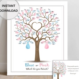 Gender reveal tree baby sack fingerprint guest book blue or pink he she guestbook printable bundle gender guess party game INSTANT DOWNLOAD