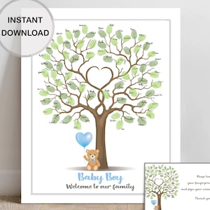 Bear baby shower fingerprint guest book tree, baby boy thumbprint guestbook, printable blue balloon baby shower party sign, INSTANT DOWNLOAD