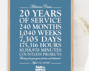 Regalo personalizado para empleados por cualquier año de servicio, ideas de regalos de agradecimiento para compañeros de trabajo, letrero imprimible para fiesta de jubilación empresarial.