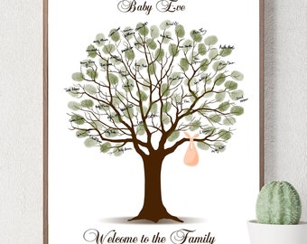 Baby Shower Guest Book Alternative, Fingerprint Tree Thumb Print Guestbook PRINTABLE, Personalized Babyshower Thumbprint Tree with Baby Sack
