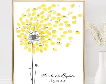 Personalized Wedding Guest Book Wedding Guestbook, Dandelion Fingerprint Guest Book Custom Thumbprint Party Sign Printable Finger Print Tree