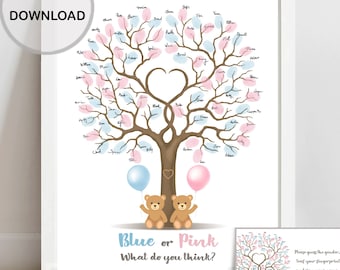 Bear gender reveal tree fingerprint guest book, blue or pink he or she guestbook, printable balloon baby gender guess sign, INSTANT DOWNLOAD