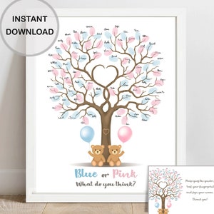 Bear gender reveal tree fingerprint guest book, blue or pink he or she guestbook, printable balloon baby gender guess sign, INSTANT DOWNLOAD