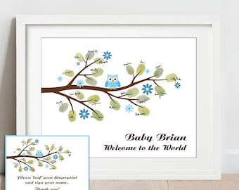 Owl Baby Shower Guest Book Fingerprint Tree, Personalized Guest Book Alternative, Custom Thumbprint Guestbook Thumb Print Boy Girl PRINTABLE