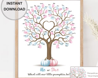 Pumpkin gender reveal fingerprint tree what will our little pumpkin be, fall gender reveal ideas he or she gender guess Party Sign PRINTABLE