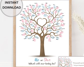 Gender reveal tree fingerprint guest book alternative, he or she what will baby be guestbook, printable baby gender guess, INSTANT DOWNLOAD