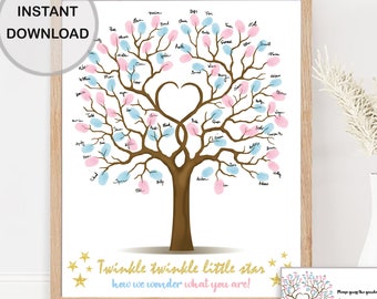 Gender Reveal Tree Twinkle Little Star Herz Fingerabdruck-Gästebuch-Ideen, druckbares Er oder Sie Gender Guess Party Schild, SOFORTIGER DOWNLOAD