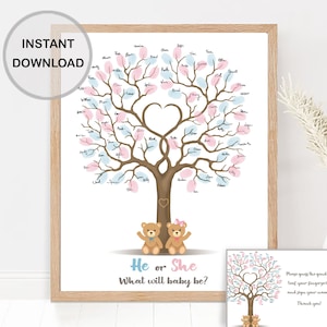Bear gender reveal tree fingerprint guest book blue or pink he or she guestbook printable baby gender guess party game sign INSTANT DOWNLOAD