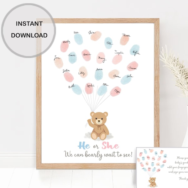 Bear gender reveal ideas he or she fingerprint guest book printable baby gender guess voting sign boy girl baby shower game INSTANT DOWNLOAD