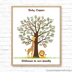 Safari Baby Shower Guest Book Alternative with Monkey Giraffe Lion, Babyshower Fingerprint Tree Print, Jungle Thumbprint Guestbook PRINTABLE