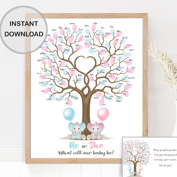 Elephant gender reveal tree fingerprint guest book with blue and pink balloons, he or she guestbook, printable gender guess INSTANT DOWNLOAD